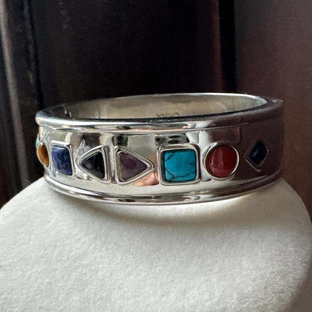 Silver-Tone Hinged Cuff Bracelet with Multicolor Gemstones Southwest Mosaic Styl